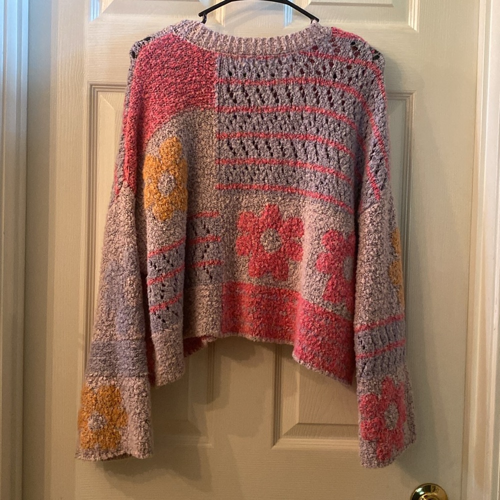 Moon & Madison Artistic Floral Kawaii Cute Purple, Pink, & Orange Sweater - Picture 9 of 14